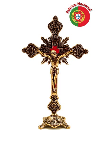 64/3 - Golden Metal Crucifix w/Base 22cm