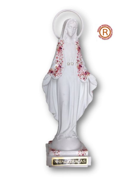Vierge Miraculeuse Blanche a/Design Fleurie 16cm