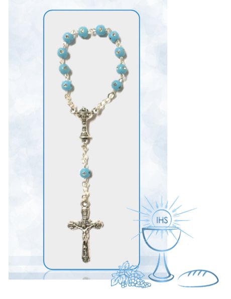 913703/C - Small Communion Rosary 4mm w/Blue  Shiny Stones