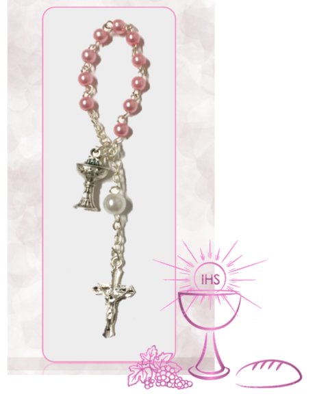 2694/D1/C - Small Communion Rosary 4mm w/Pink Beads and Chalice Center