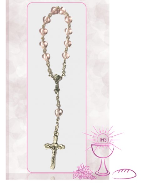 91729/C/R - Small Communion Heart Rosary 6mm w/Clear Pink Beads