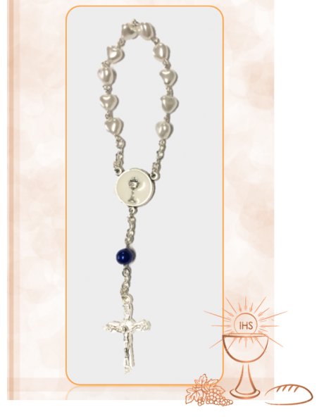 F921637/C - Small Communion Heart Rosary 6mm w/Cream Beads
