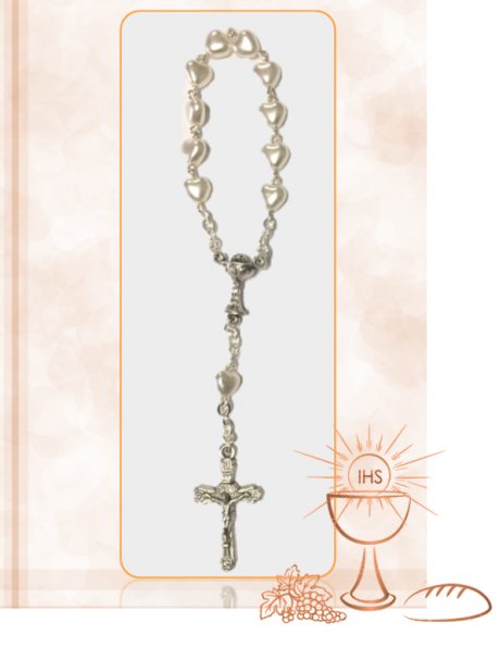 921637/C - Small Communion Heart Rosary 6mm w/Cream Beads