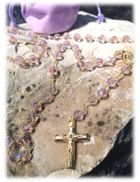 BM7362/R - 925 SILVER GOLDEN COLOR ROSARY W/ PINK SEMI-CRYSTAL BEADS 6MM