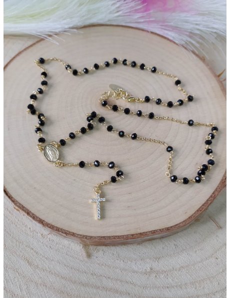 BM1001/P - 925 SILVER GOLDEN COLOR ROSARY WITH BLACK SEMI-CRYSTAL BEADS 4MM